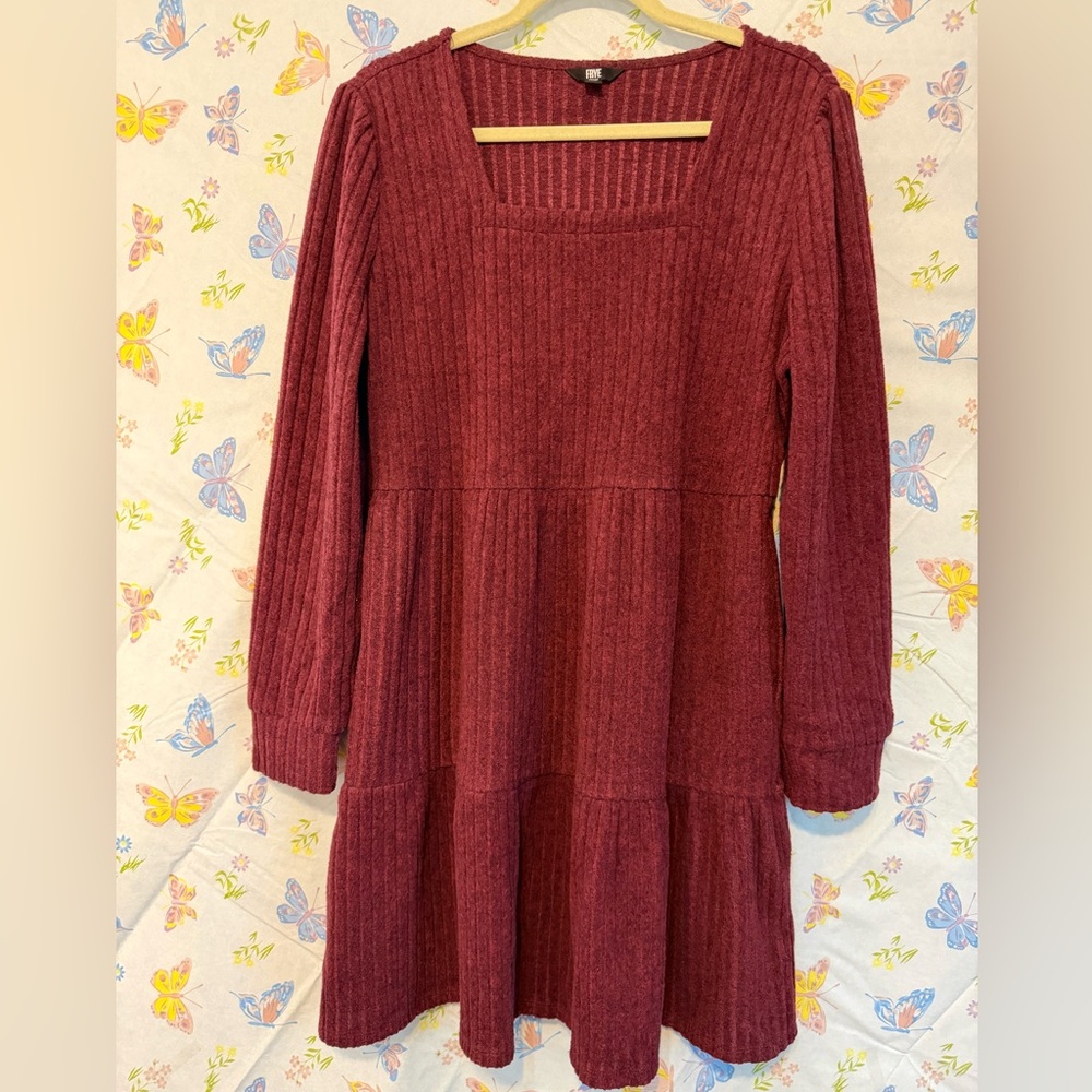 Frye Dark Red Ribbed Puff Sleeve Tiered Dress XL